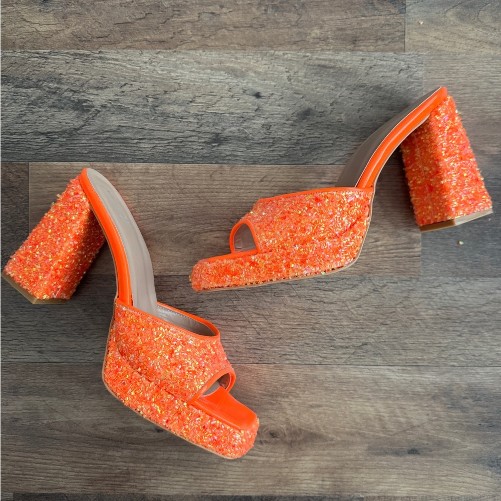 Nasty Gal Orange Glitter Sequin Platform Heels size 10